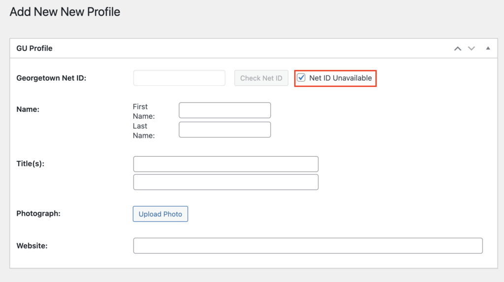 Screenshot of the Add New Profile page. The Net ID Unavailable checkbox is checked.