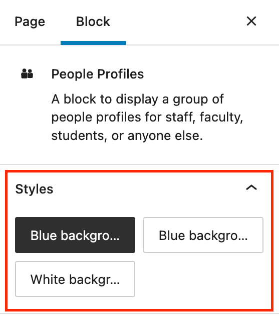 The block tab of the People Profiles' inspector panel. The Block styles are highlighted in a red box.