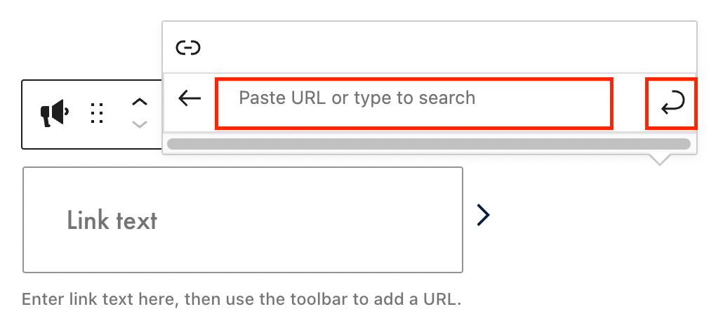 The Link CTA block in the WordPress editor with link URL field and submit button highlighted in a red box.
