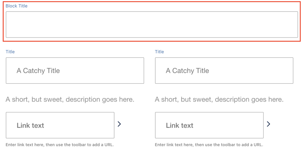 An empty CTA Grid block in the WordPress editor with the Block Title field highlighted in a red box.