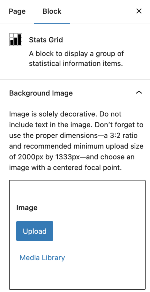 Background image option of the inspector panel for the Stats Grid block.