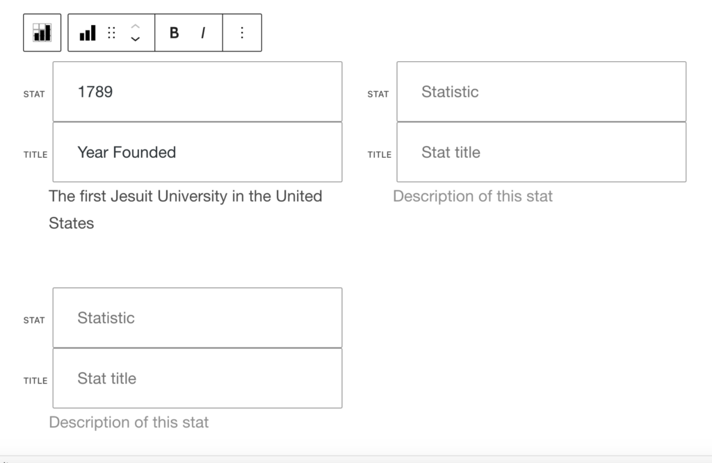 Stat Grid block in the editor with content  filled in for the first of three stats.