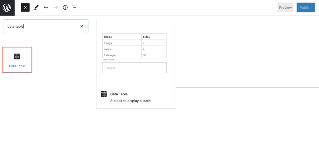 The data table block icon outlined in red under the search block bar.