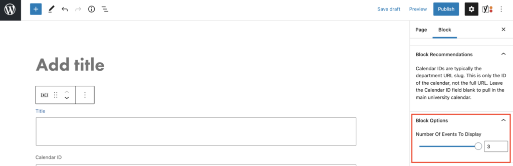 The number of events to display option is outlined in red in the block’s settings.