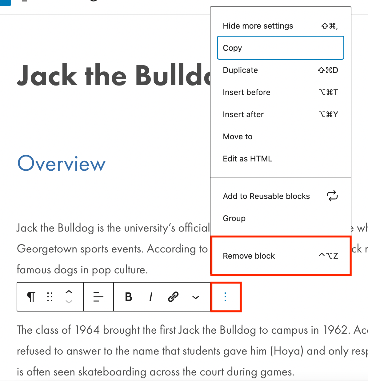 View of the WordPress editor with the block options open. The remove block option is highlighted in a red box.