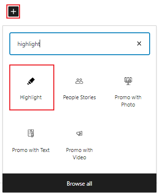 highlight block search with "+" button and highlight block icon highlighted with a red box