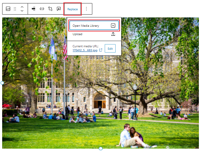 image block with "replace" and "open media library" button highlight