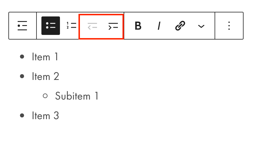 A list block in the WordPress editor with the indent options highlighted in a red box.