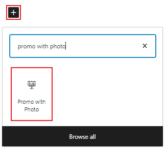 promo with photo block search with "+" button and block icon highlighted with a red box