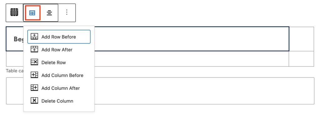 View of the Data Table block in the WordPress editor with the block operations icon open and highlighted in a red box.