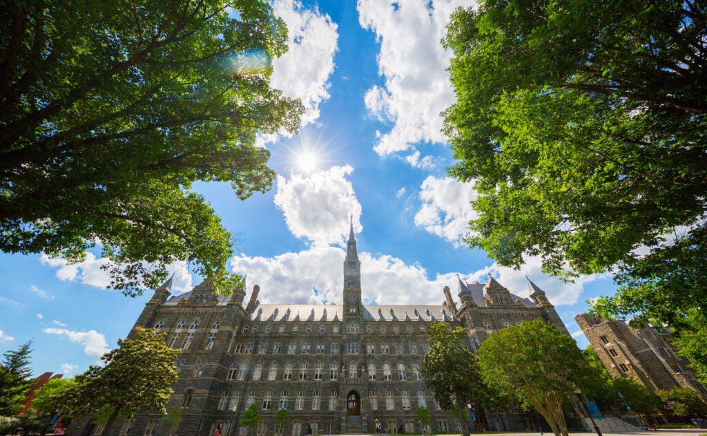 View of Healy Hall centered around trees.