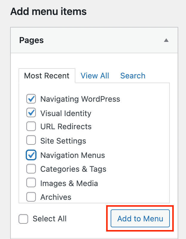 The menu editor with the page section open, pages selected, and the Add to Menu button highlighted in a red box.