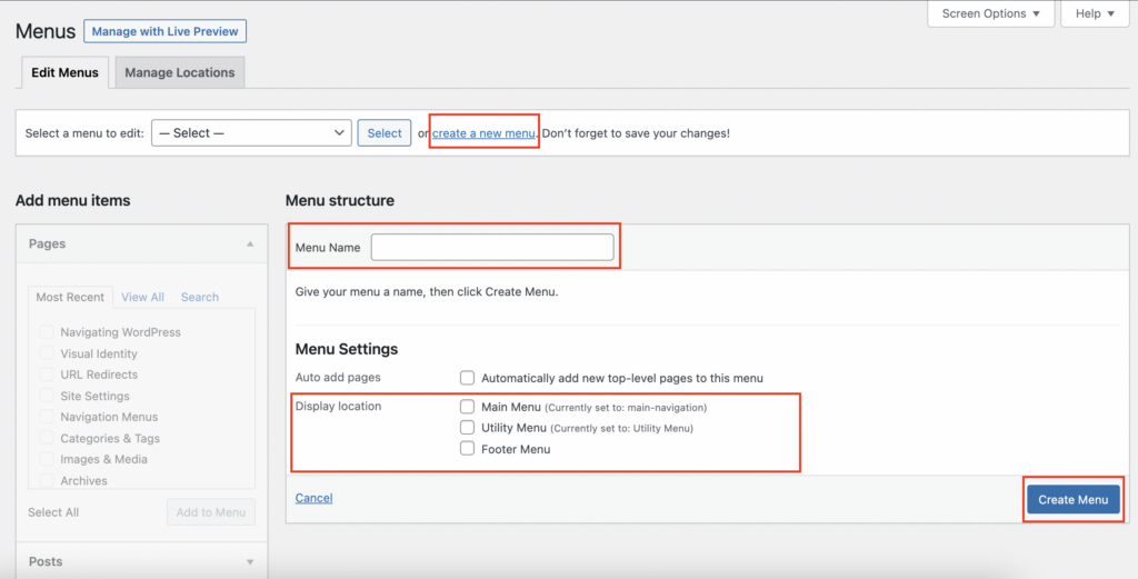 The create menu page with the create a new menu, menu name, display location, and create menu button highlighted in a red box.
