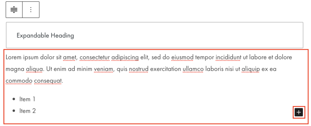 Expandable content block in the WordPress editor with the content section highlighted in a red box.