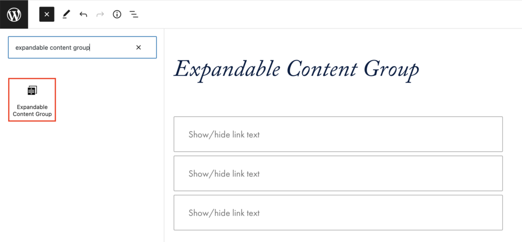 The WordPress editor with the block inserter open showing the expandable content group block.