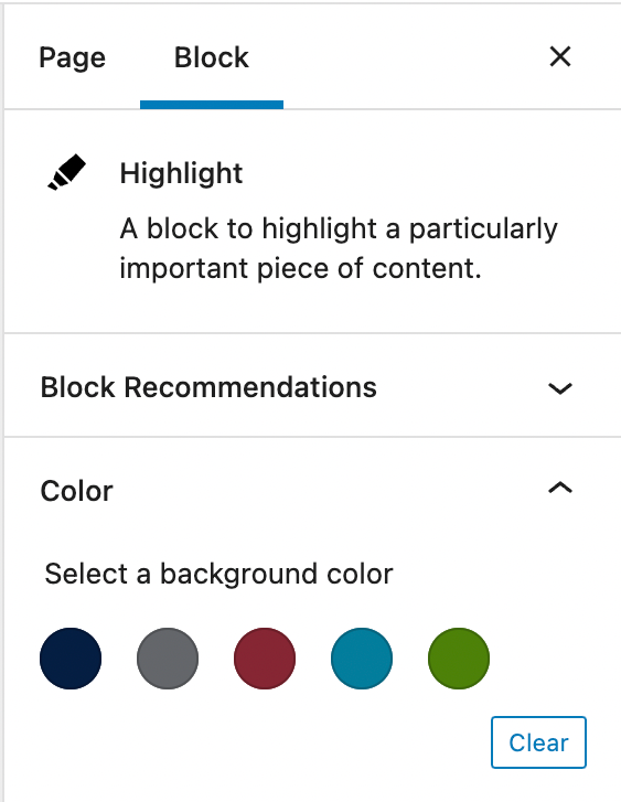 The inspector panel for the Highlight block.