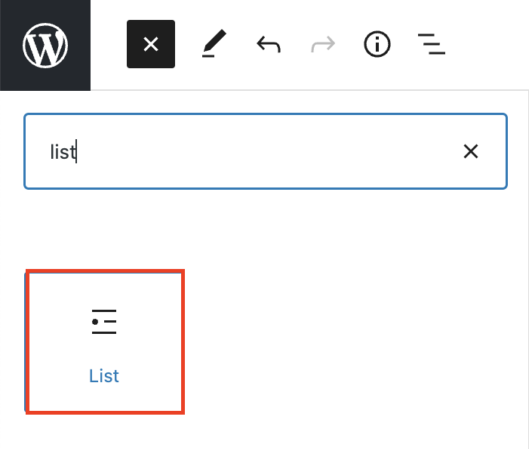 The list block in the WordPress block inserter.