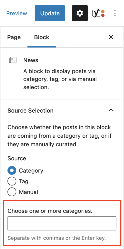 The News block's inspector panel with the category field highlighted in a red box.