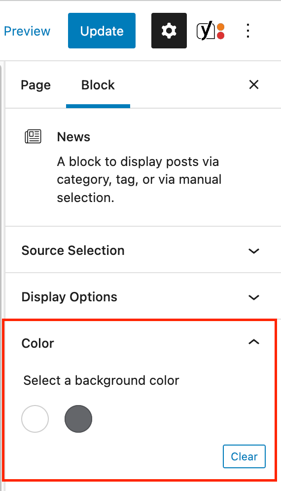 The News block's inspector panel with the Color section highlighted in a red box.