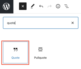 Quote block in the WordPress block inserter.