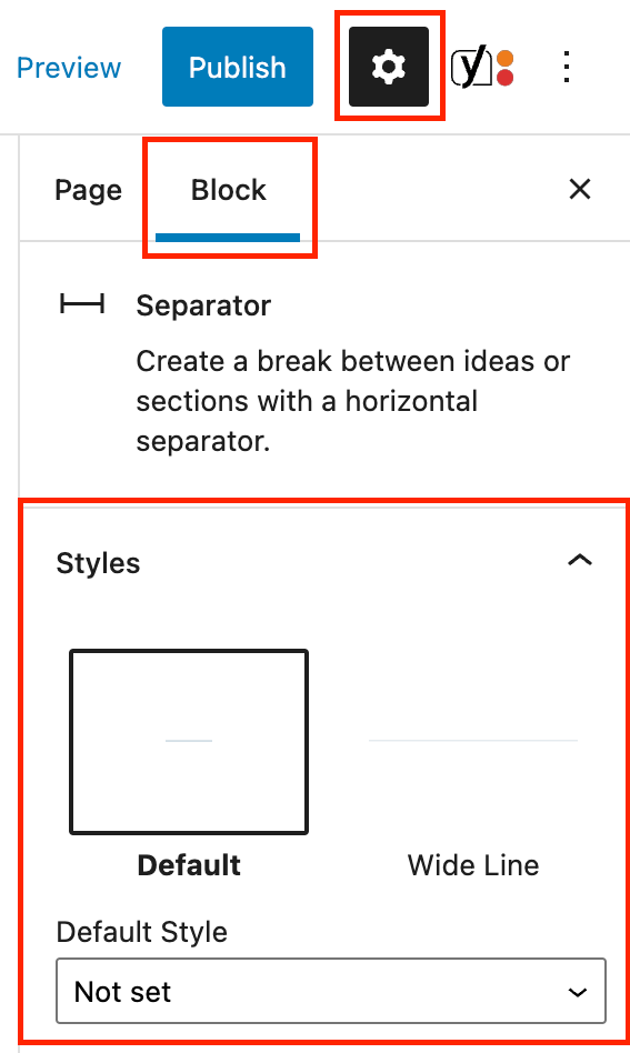 Block tab of the inspector panel for the Separator block. The block styles are highlighted in a red box.