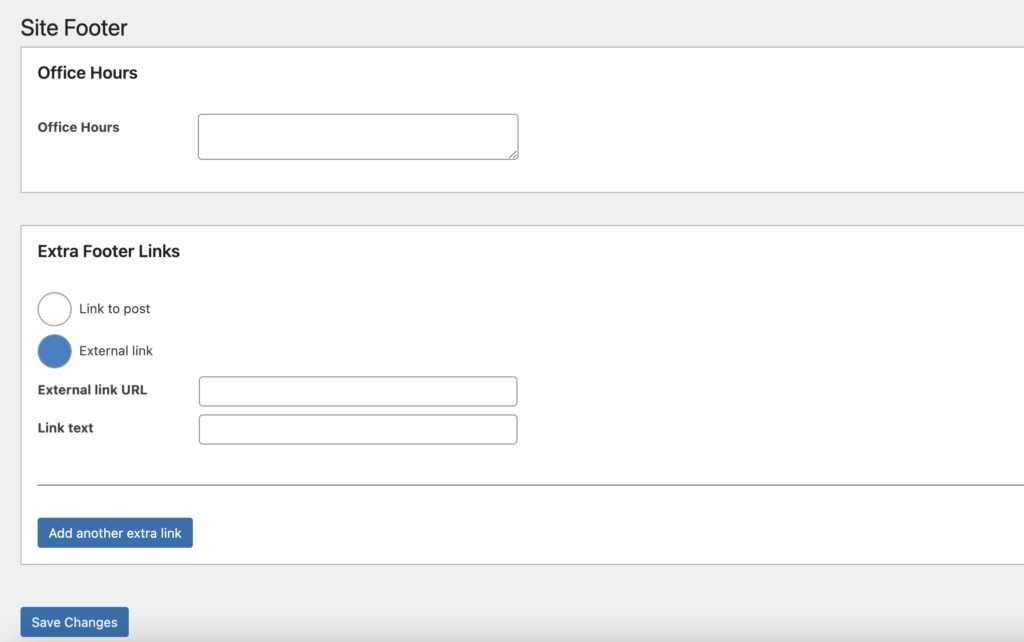 The WordPress Site Footer page with fields to add office hours and extra footer links.
