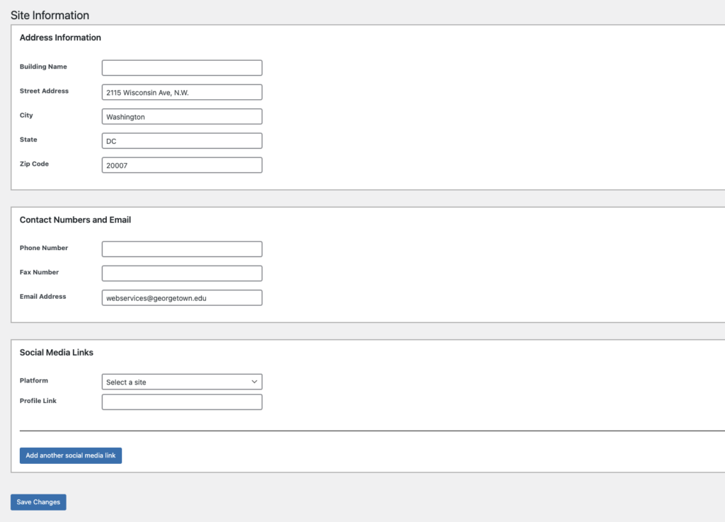 The WordPress Site Information page with fields for address information, contact numbers and emails, and social media links.