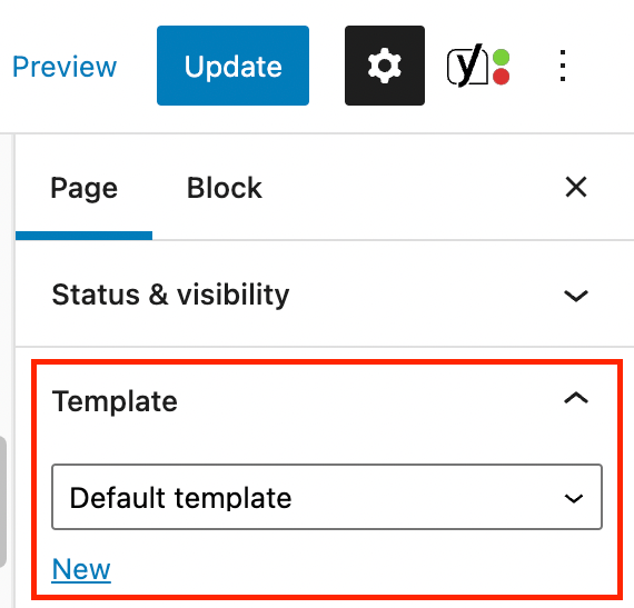 Page template section of the inspector panel.