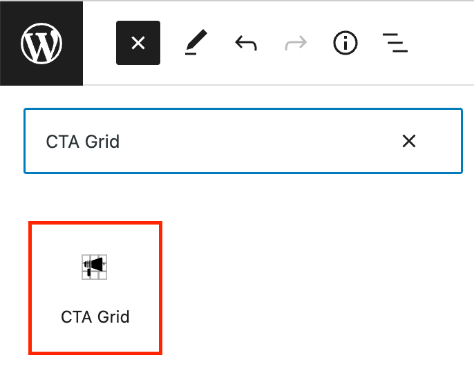 The CTA Grid block in the WordPress block inserter.