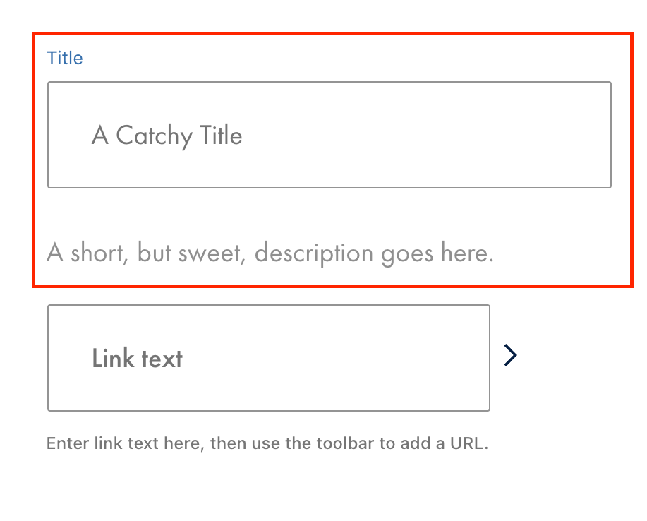 The Info Grid block in the WordPress editor with the title and description fields highlighted in a red box.