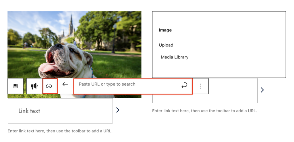 The Image Overlay Grid block in the WordPress editor with the link icon and URL field highlighted in a red box.