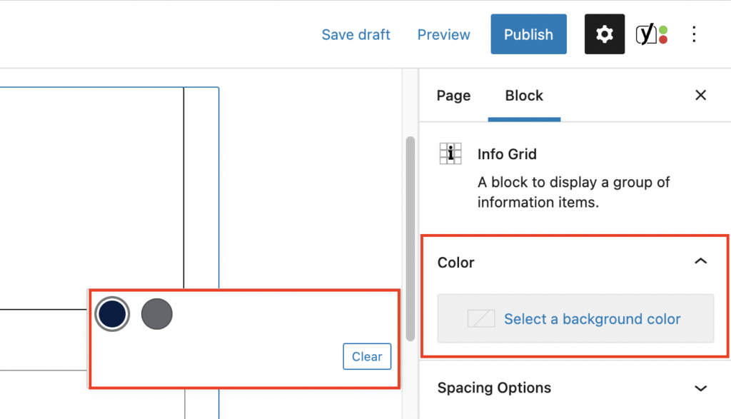 The inspector panel for the Info Grid block with a red box highlighting the color options.