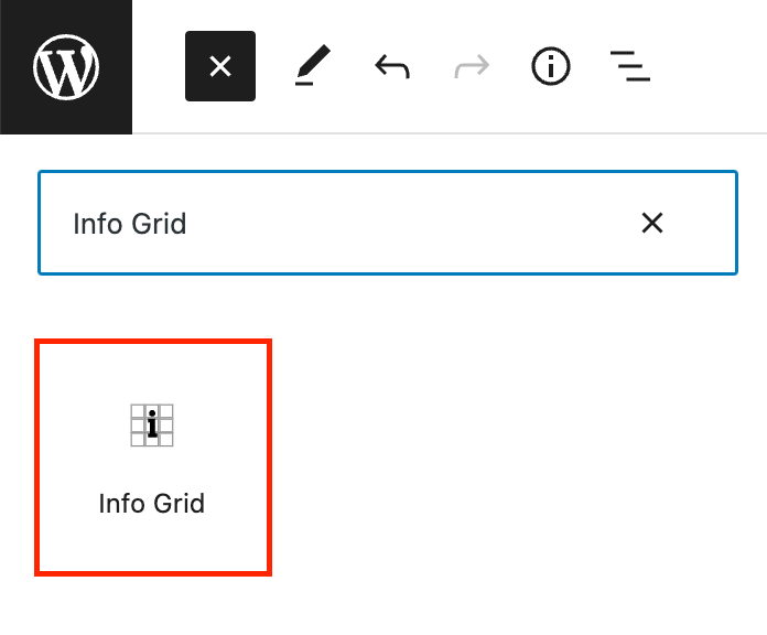 The Info Grid block in the WordPress block inserter.