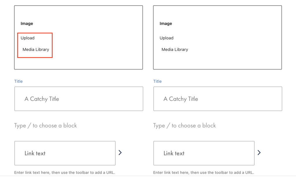 The Info Grid block in the WordPress editor with the upload and media library options highlighted in a red box..