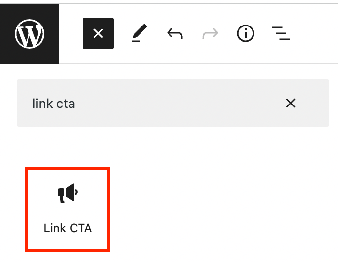 The Link CTA block in the WordPress block inserter.