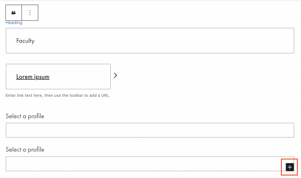 The People Profiles block in the WordPress editor. There are two empty person profiles and the plus icon is highlighted in a red box.