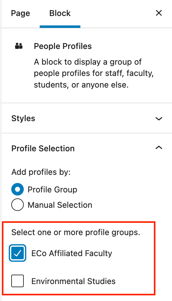 The block tab of the People Profiles' inspector panel. The Profile Groups are highlighted in a red box.