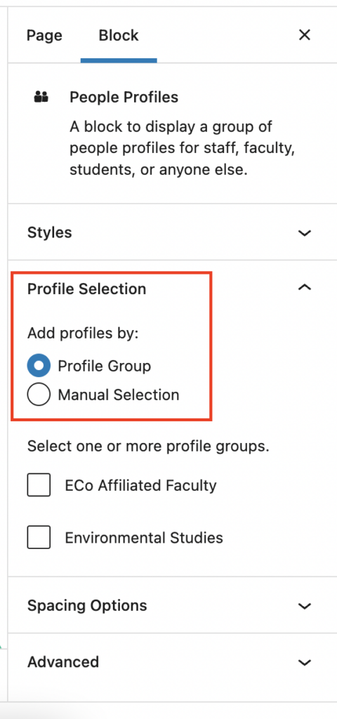 The block tab of the People Profiles' inspector panel. The Profile Selection options are highlighted in a red box.