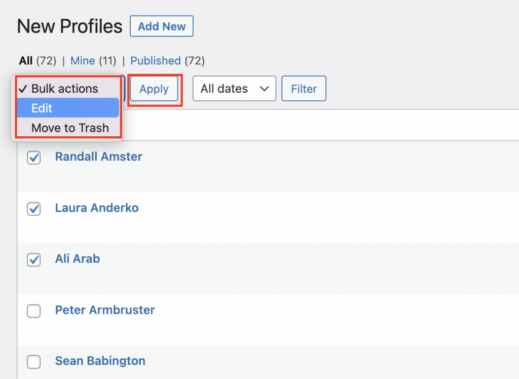 The New Profiles page with 3 profiles selected and the Bulk Actions dropdown list and the Apply button highlighted in a red box.