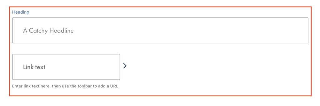 An empty People Profiles block in the WordPress editor. The Heading and Link CTA portions of the block are highlighted in a red box.