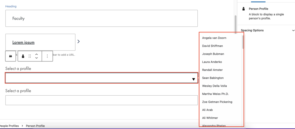 The WordPress editor with the People Profiles block on manual selection. A single Person Profile block and the profiles dropdown list are highlighted in a red box.