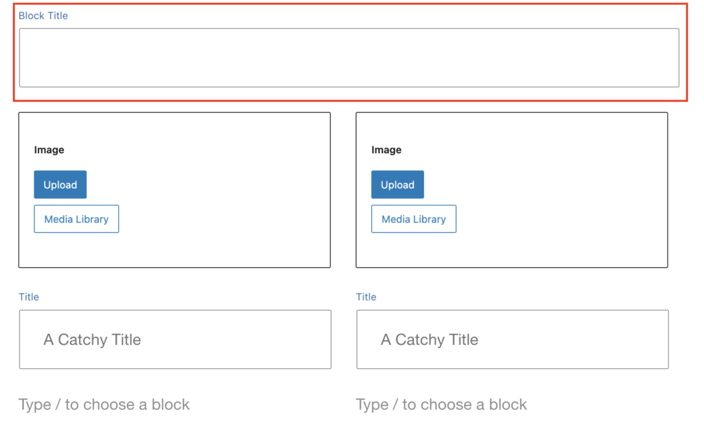 An empty Info Grid block in the WordPress editor with the Block Title field highlighted in a red box.