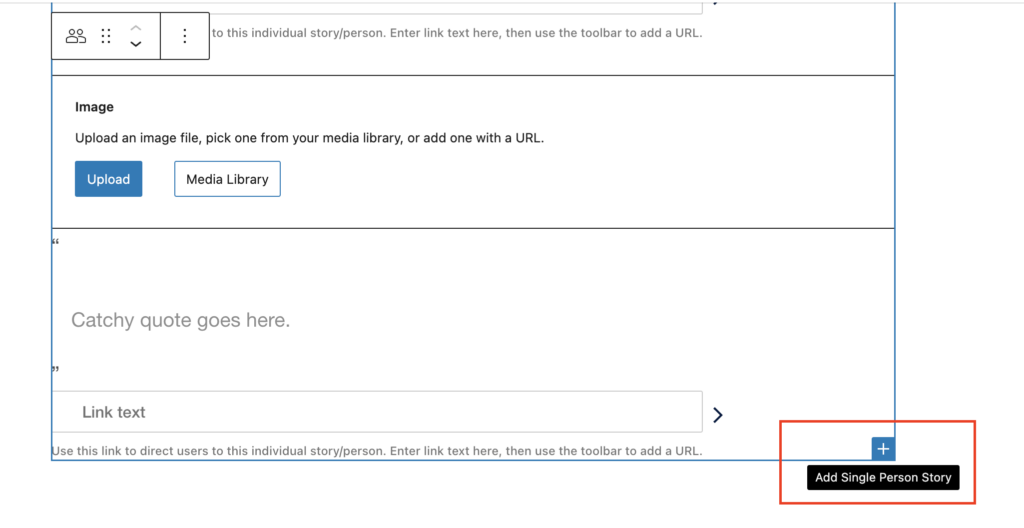 The People Stories block in the WordPress editor with a red box highlighting the plus icon to "Add Single Person Story".