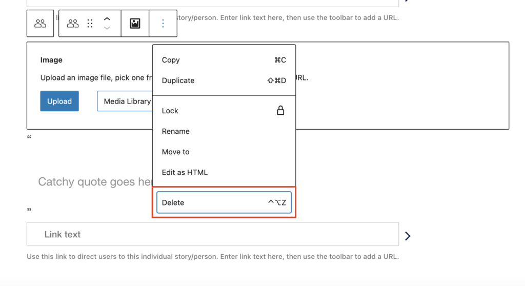 A single Person Story block in the WordPress editor. Red boxes highlight the Delete option in the block options panel.