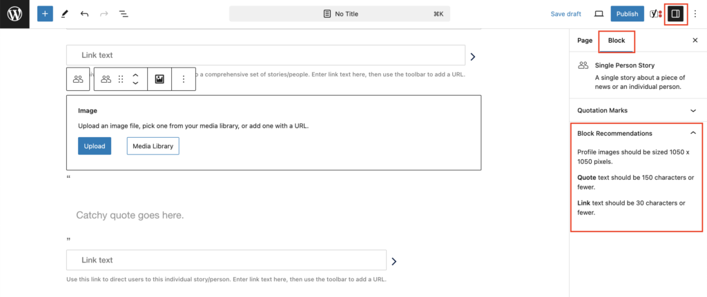 View of the People Stories block in the editor. The block settings tab is open and a red box highlights the Block Recommendations.