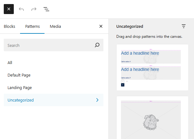 Screenshot of the Patterns Panel, where you will find the image hero carousel pattern.
