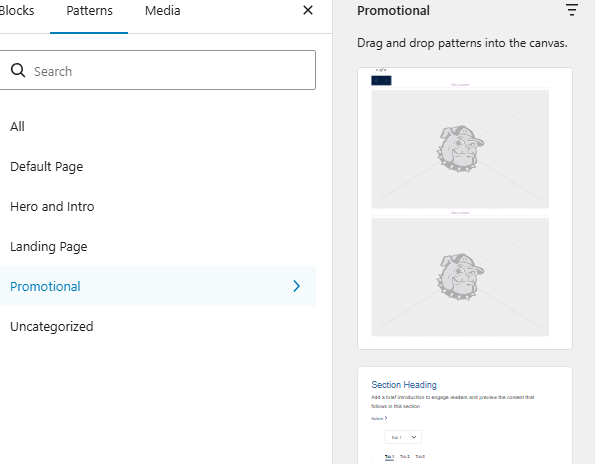 view of the block insider panel open to patterns