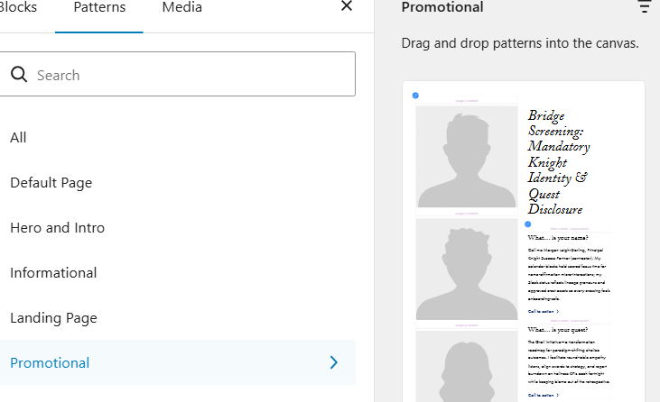 Screenshot of the pattern section of the block inserter showing the image and text carousel pattern.