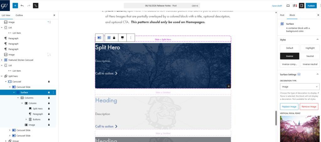 inspector panel with image and surface options visible