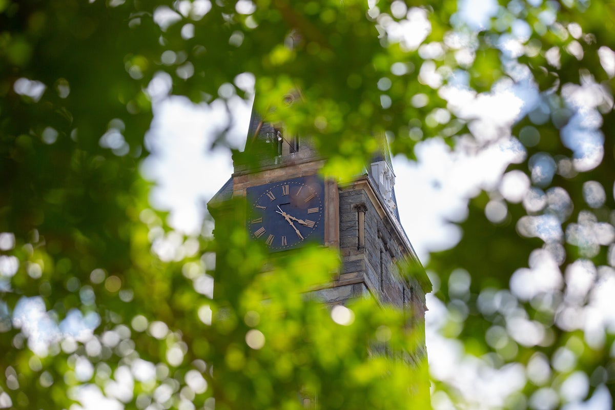 Healy Clock Tower in the summer. A tree with green leaves is in front of it.